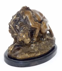 Lion Fights Against A Snake - Bronze On Marblebase, Artist Signed
