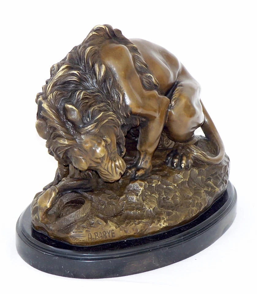 Lion Fights Against A Snake - Bronze On Marblebase, Artist Signed 1 Lion Fights Against A Snake - Bronze On Marblebase, Artist Signed