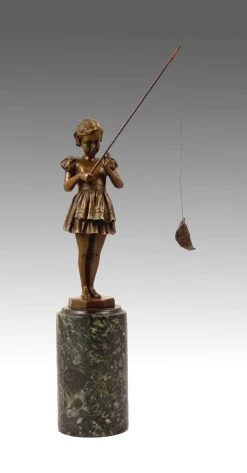 Beautiful Art Deco Statue - Girl With Fishing Rod - F. Preiss