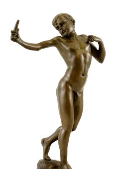 Small Male Nude Bronze - Boy With Catapult - Signed Milo