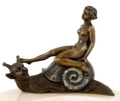 Vienna Bronze Figure On Marble Bowl - Female Nude On A Snail