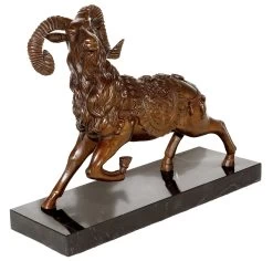 Bronze Figure - Ram / Goat On Marble Base - Stevens