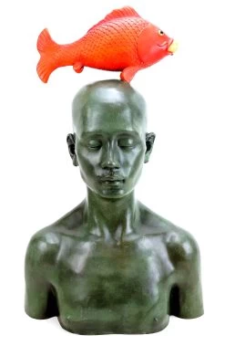 Modern Bronze Figurine - Man With Lucky Koi - Signed Martin Klein
