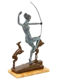 Art Deco Bronze Statue - Diana With Fawns - Signed A. Bouraine
