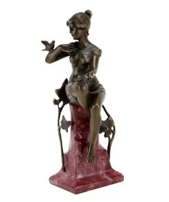 Bronze Art Nouveau Figurine - Woman With A Dove - Signed F. Preiss