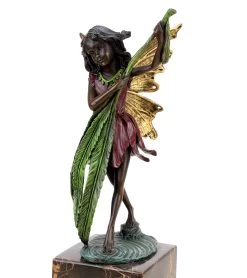 Bronze Fairy Figurine - Cute Fairy With Fern Leaf - Art Nouveau Sculpture - Signed Milo -Salvador Dali Shop DSC07945