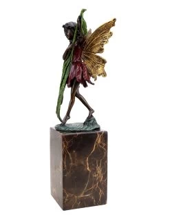 Bronze Fairy Figurine - Cute Fairy With Fern Leaf - Art Nouveau Sculpture - Signed Milo