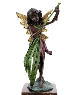 Bronze Fairy Figurine - Cute Fairy With Fern Leaf - Art Nouveau Sculpture - Signed Milo -Salvador Dali Shop DSC07954