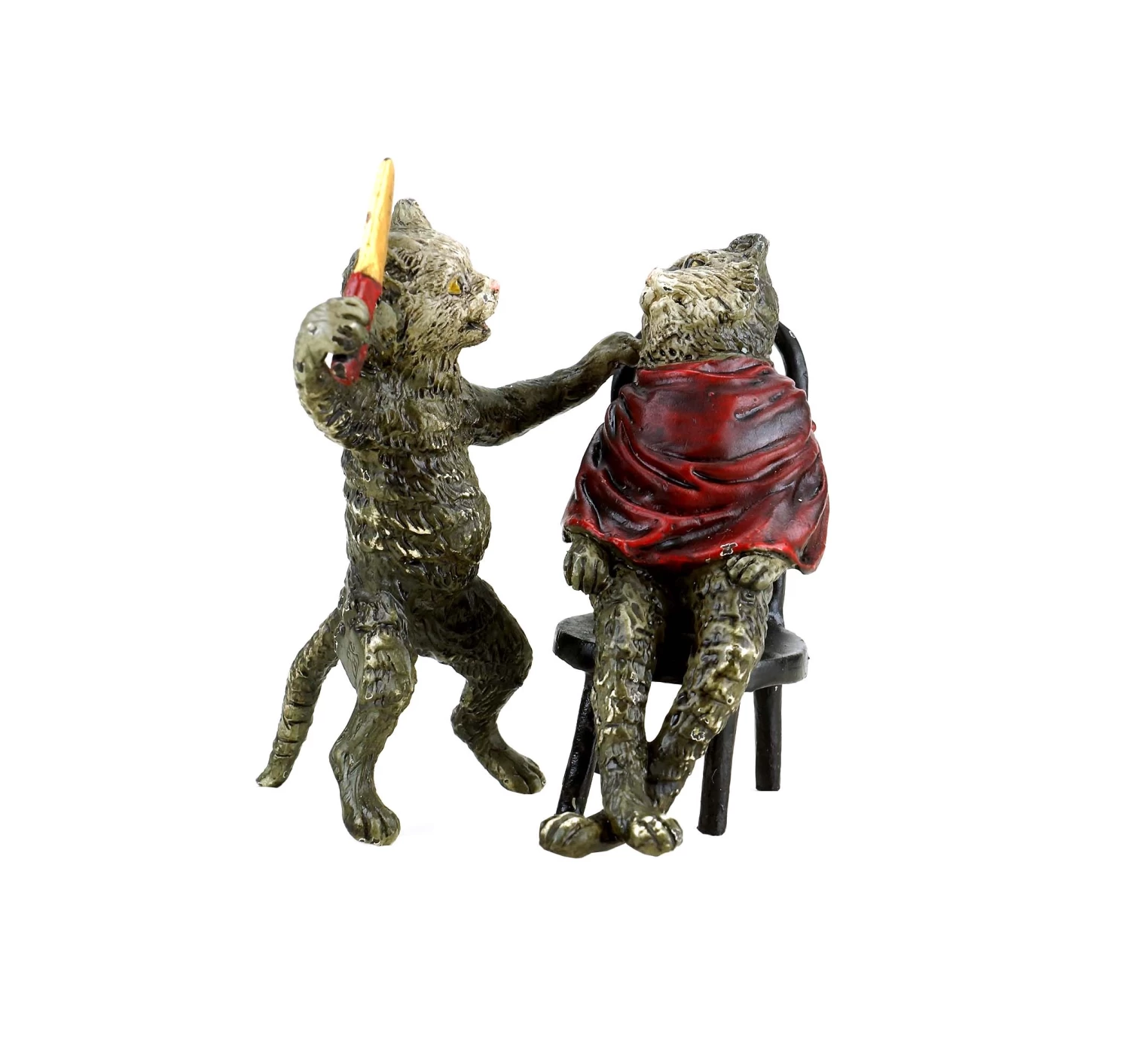 Vienna Bronze - Cat At The Hairdresser - Stamped - Hand-Painted Figurine 1 Vienna Bronze - Cat At The Hairdresser - Stamped - Hand-Painted Figurine