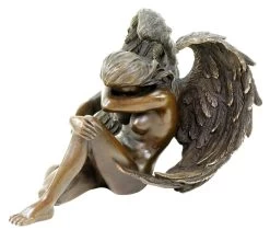 Sitting Angel Sculpture - Bronze Erotic Nude - Signed Patoue