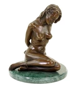 Bondage Girl Ava - Erotic Bronze Figurine On Green Marble Base