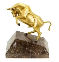 Bronze Stock Exchange Bull On Marble - Limited Sculpture By M. Klein
